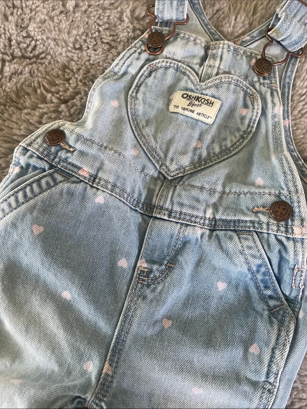 OshKosh B'gosh Light Blue Denim Heart Pocket Overalls with Pink Hearts